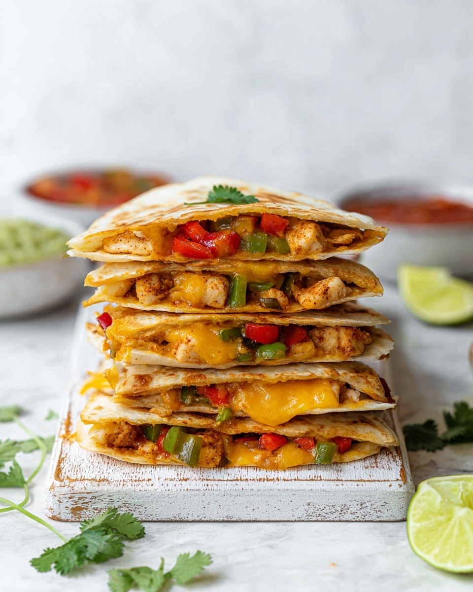 A stack of five folded quesadillas is shown on a worn white wooden board, each one filled with melted yellow cheese, diced green and red bell peppers, and browned cooked chicken pieces. The quesadillas have a light golden brown crisp texture on the outside, with the colorful fillings peeking out from between the folded white tortillas. A small green cilantro leaf sits on the top quesadilla. In the foreground, lime wedges and scattered cilantro leaves are visible on a white marbled surface, with blurred bowls of green dip and red salsa in the soft background. Photo taken with an iphone --ar 4:5 --v 7