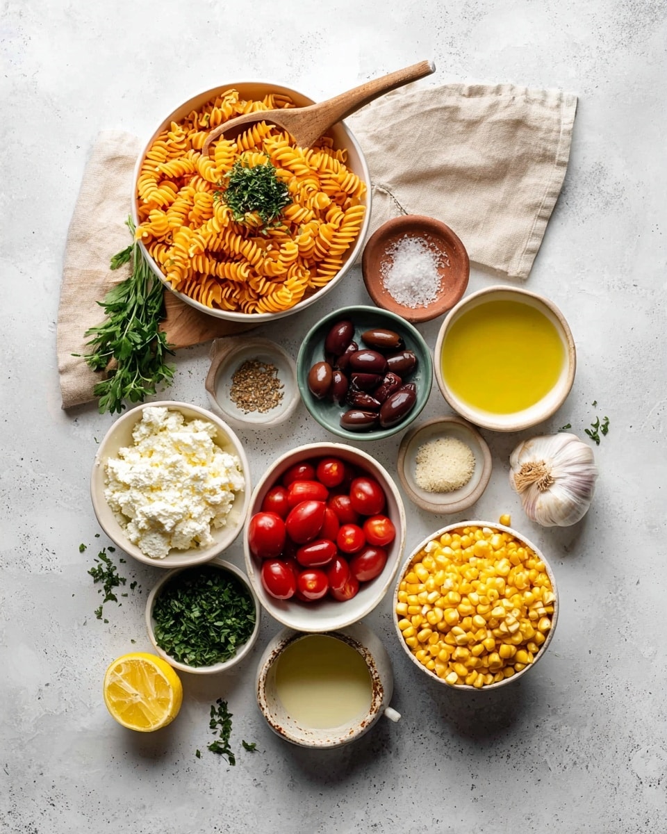 The image shows an arrangement of ingredients on a white marbled surface. At the top left is a bowl full of dry orange rotini pasta with a wooden spoon resting on top holding green herbs. To the right is a bowl of golden olive oil. Below, there is a rounded white bowl with halved red cherry tomatoes and a smaller bowl inside it containing salt and pepper. Next to this is a small white bowl filled with dark slices of olives. To the left, a white cup holds chopped green herbs. Below that is a round bowl filled with white cottage cheese, and next to it is a bowl filled with yellow corn kernels. Additional small dishes contain lemon juice, a light liquid, and chopped green herbs, with a halved lemon and two garlic cloves placed nearby. A beige cloth and a wooden board also appear in the background. Photo taken with an iphone --ar 4:5 --v 7