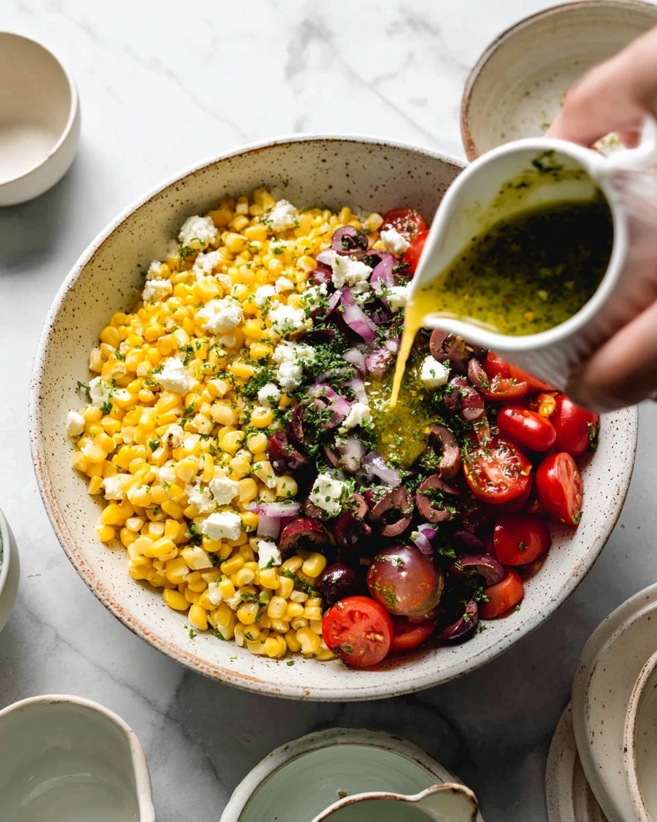 A white speckled bowl filled with a colorful salad showing three main layers: bright yellow corn kernels as the base, sliced dark purple olives spread over the corn, and halved small red cherry tomatoes on one side. On top, there are scattered chunks of white cheese and finely chopped green herbs. A woman's hand is pouring a greenish-yellow dressing from a small white cup onto the salad. The bowl is placed on a white marbled surface with a few white bowls and dishes around it. Photo taken with an iphone --ar 4:5 --v 7