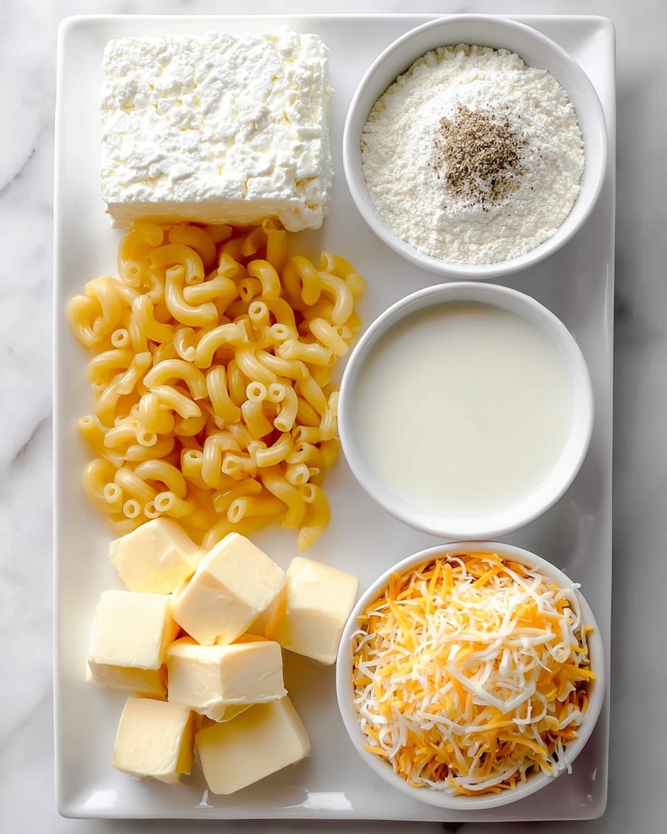 The image shows a white rectangular plate on a white marbled surface, holding five groups of ingredients neatly arranged. On the left side, there is a block of white cottage cheese at the top, yellow uncooked elbow macaroni placed below it, and four cubes of pale yellow butter stacked at the bottom. On the right side, there are three white round bowls: the top bowl contains white flour with a sprinkle of black pepper in the center, the middle bowl is filled with white milk, and the bottom bowl has a mix of shredded yellow and white cheese. The photo taken with an iphone --ar 4:5 --v 7