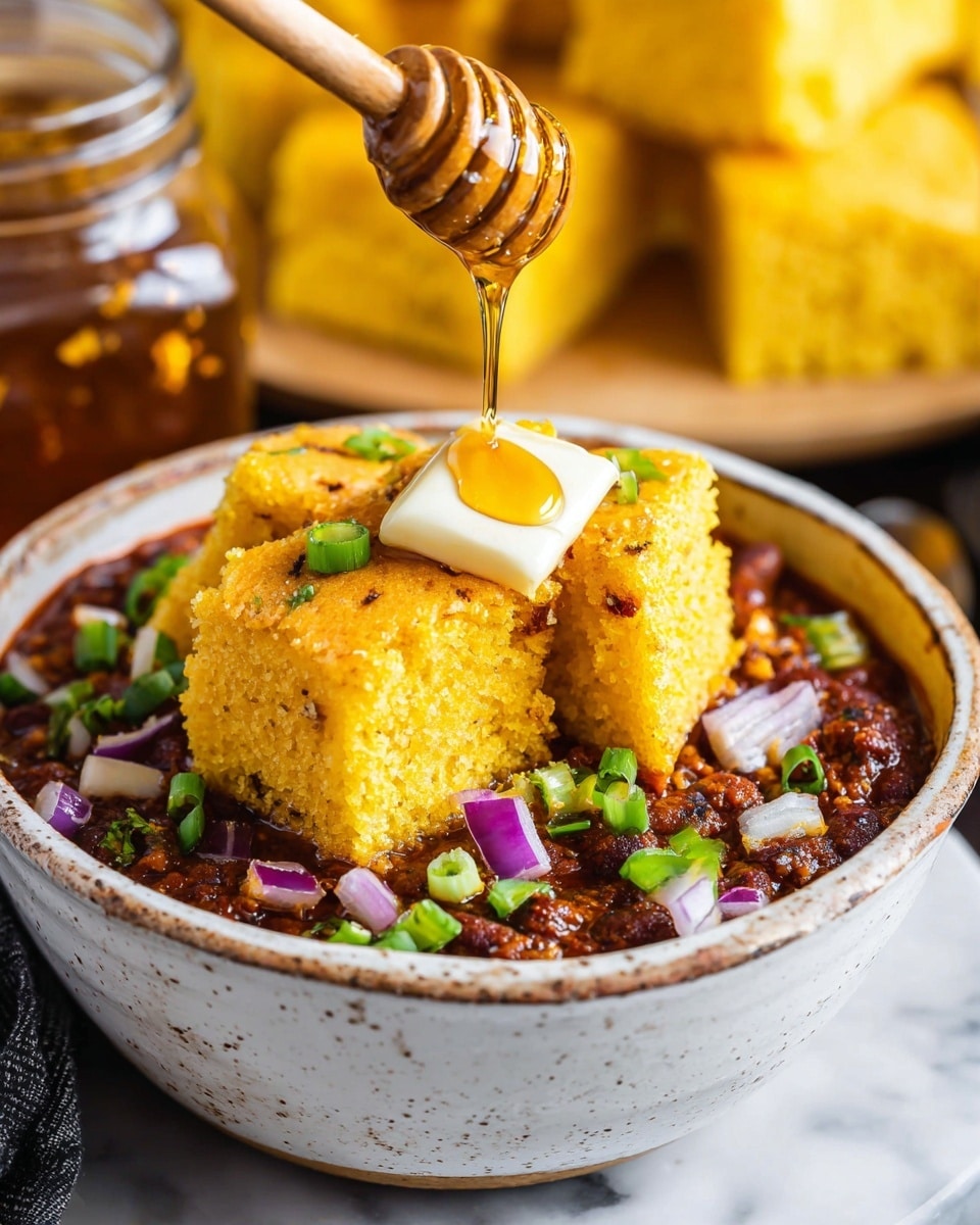 A white rustic bowl filled with a dark red chili base, topped with chopped green onions and purple onion pieces scattered around. On top of the chili sit three bright yellow cornbread pieces with a soft crumb texture, arranged in a triangular pile. In the center of the cornbread, a small square of melting white butter is visible. Above this, golden honey is streaming from a wooden honey dipper, creating a glossy, smooth syrup swirl on the butter. The bowl is placed on a white marbled surface, with a blurred background showing a honey jar and more yellow cornbread pieces. Photo taken with an iphone --ar 4:5 --v 7