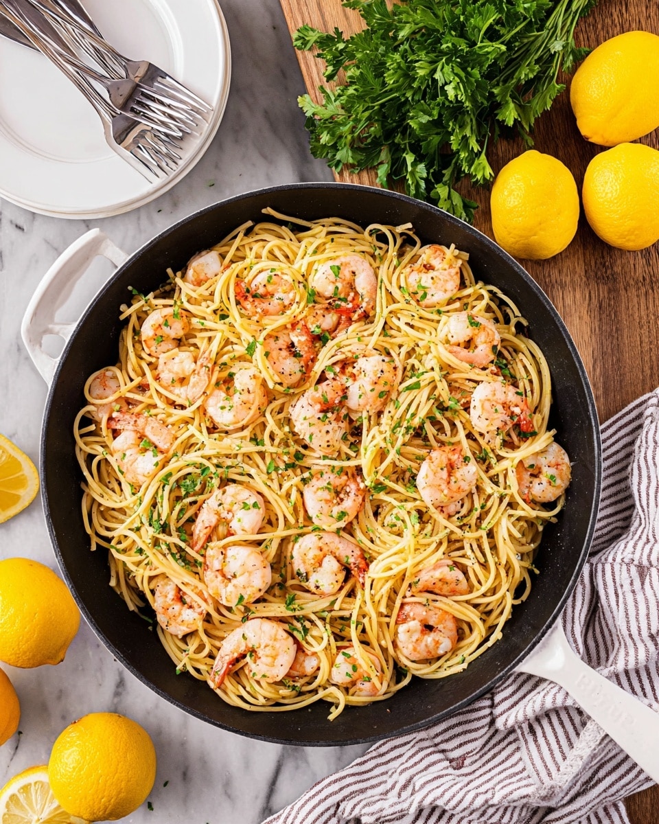A white bowl filled with a mix of light yellow spaghetti noodles and pink shrimp, scattered evenly throughout the pasta, topped with green chopped parsley. The dish sits on a white marbled surface with several lemon wedges and whole lemons nearby, bright yellow in color. To the upper left, a black skillet shows more of the same shrimp and pasta blend. A grey and white striped cloth is placed partially under the bowl. Three silver forks rest close to the lemons. photo taken with an iphone --ar 4:5 --v 7