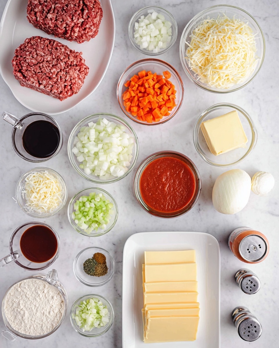 The image shows many ingredients arranged neatly on a white marbled surface for making a dish. In the top left, a white plate holds two types of ground meat side by side, one darker red and one lighter pink. Around it, there are small and medium white and clear bowls filled with diced white onion, chopped bright orange carrots, diced light green celery, and minced garlic. A small white bowl holds dried herbs in green and brown tones, while another small bowl has mixed spices. There are two clear measuring cups with dark brown and deep red liquids, and two open cans of red tomato sauce. A small white plate has a thick square of yellow butter, and a clear bowl contains shredded pale yellow cheese. Near the bottom left, a small clear bowl contains white flour. In the bottom center, a white rectangular plate holds a neat stack of pale yellow rectangular pasta sheets. The items are well spaced with some metal salt and pepper grinders near the center right. photo taken with an iphone --ar 4:5 --v 7