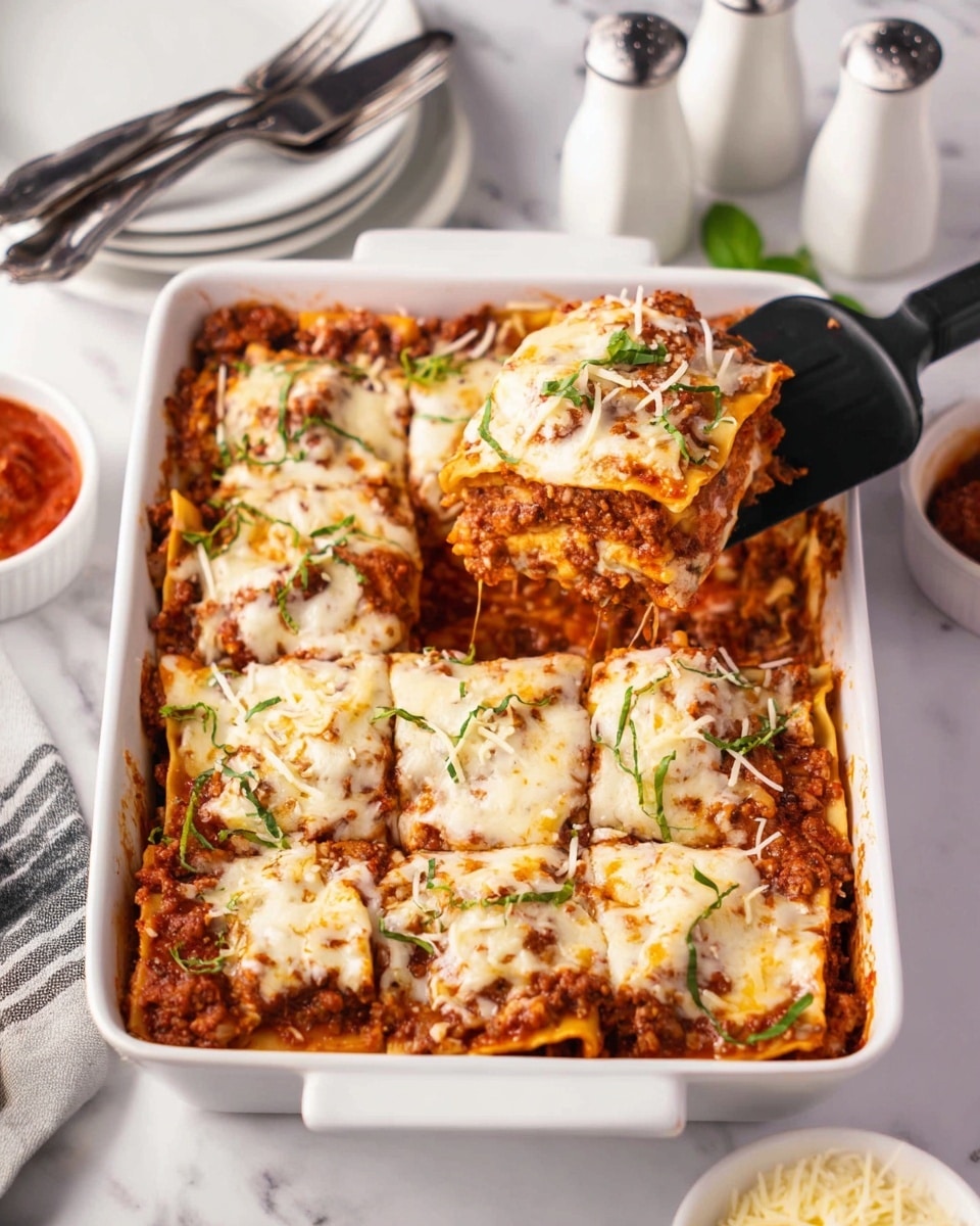A white rectangular baking dish holds a layered lasagna cut into nine squares, with one square being lifted by a black spatula. The lasagna has multiple layers visible: a browned tomato meat sauce with a deep red color, creamy white melted cheese with a slightly golden top, and thin pasta sheets. There are green basil strips sprinkled on top and some shredded cheese scattered over it. The dish sits on a white marbled surface, with a white plate holding three forks in the background, along with a pair of salt and pepper shakers and small white bowls filled with grated cheese and extra tomato sauce. Photo taken with an iphone --ar 4:5 --v 7