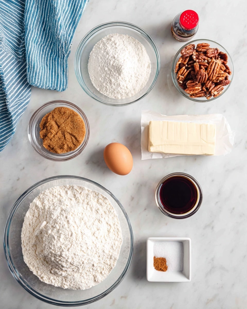A top view of baking ingredients arranged neatly on a white marbled surface, including a large clear glass bowl at the bottom filled with white flour, above it to the right a smaller clear glass bowl with brown sugar and white powdered sugar, a small glass bowl to the right filled with whole pecans, a stick of butter wrapped in paper lying horizontally, a dark liquid in a small white cup labeled