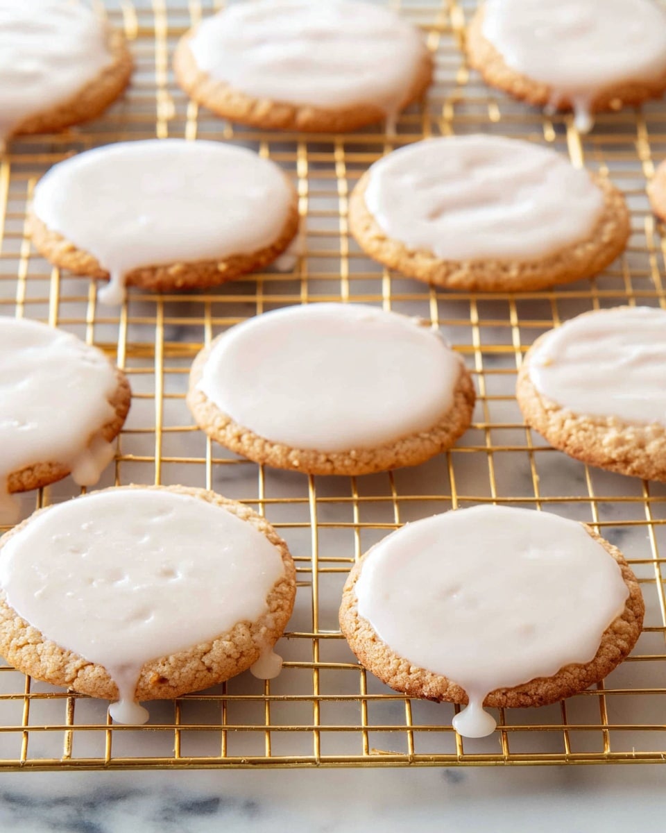The image shows a cooling rack holding about fourteen round cookies in different sizes, all with a light brown base and a smooth white icing layer evenly spread on top. The icing is slightly translucent, giving a glossy look, and in some places, it drips a little over the edges of the cookies, showing the rougher texture of the cookie underneath. The rack grid is gold-colored, contrasting softly with the white marbled surface below. The cookies are spaced evenly but randomly arranged across the rack, and the whole scene looks bright and clean as if lit by natural light. photo taken with an iphone --ar 4:5 --v 7