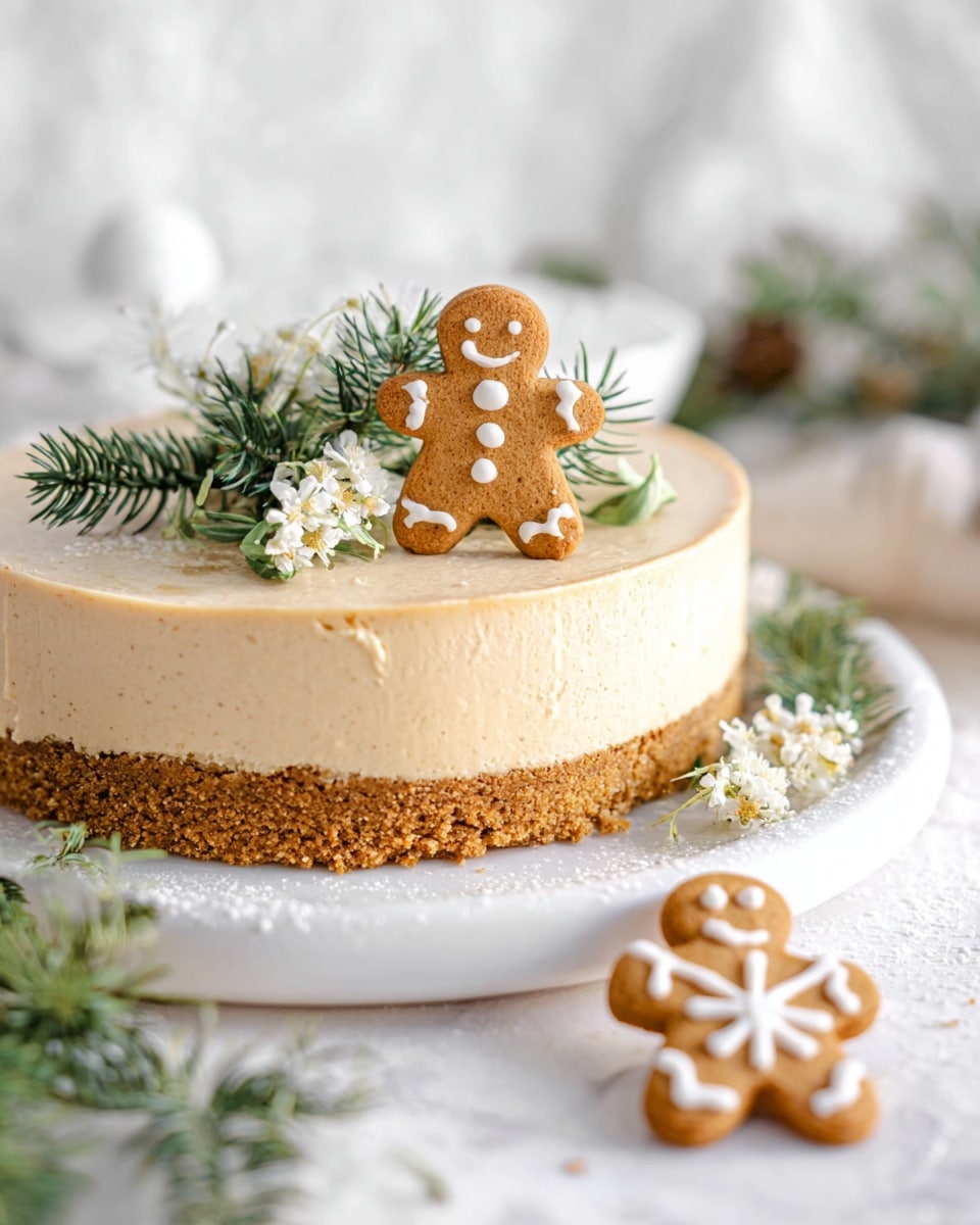 The image shows a two-layer cheesecake on a white round plate with a white marbled surface. The bottom layer is a thick, crumbly golden-brown crust, and the top layer is a light brown creamy cheesecake. The cheesecake is decorated with green frosted pine sprigs, small white flowers, and two small gingerbread cookies on top. A gingerbread cookie with white icing is placed on the surface in the front right side near the plate. Photo taken with an iphone --ar 4:5 --v 7