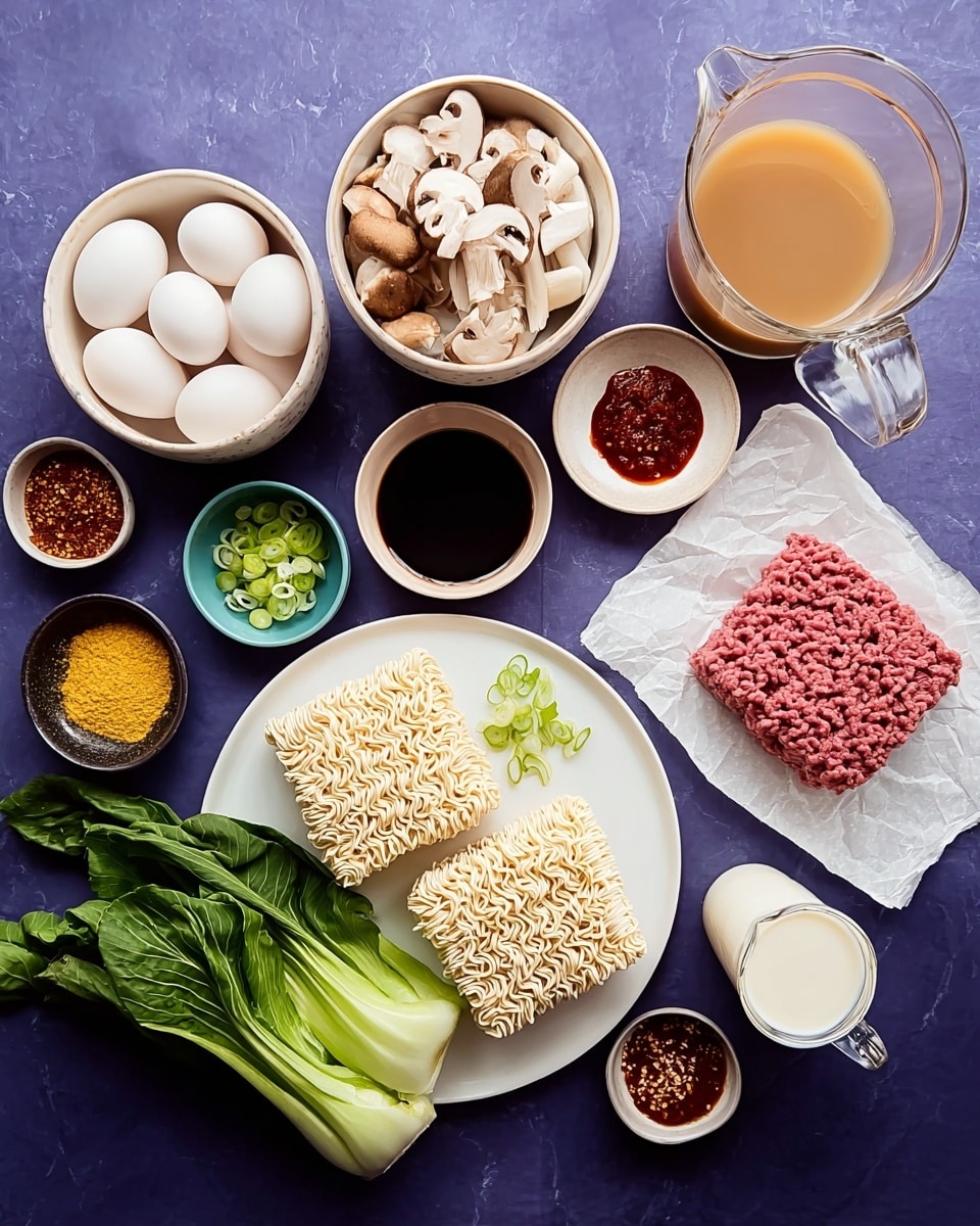The image shows many ingredients placed on a white marbled surface with a deep purple cloth underneath. In the center, there is a white plate holding two blocks of light beige uncooked ramen noodles and some green leafy bok choy arranged around the noodles. To the right, there is a rectangular piece of pink ground meat on white parchment paper. Above it, small white bowls contain dark soy sauce, red chili paste, and golden yellow powder, with a small black bowl of sliced green onions nearby. To the far right, there is a clear glass pitcher filled with light brown broth and a smaller clear glass pitcher holding white liquid, likely milk or cream. On the left side, a white plate holds four white boiled eggs, and above it, a beige bowl is filled with sliced white and brown mushrooms. Several small bowls and dishes hold minced garlic, red chili flakes, sesame seeds, and salt scattered around the main items. photo taken with an iphone --ar 4:5 --v 7