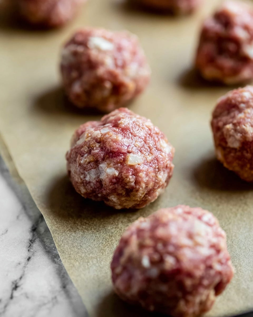 The image shows several raw meatballs placed on a baking sheet with parchment paper. Each meatball is round and dense, with a mix of pinkish raw meat and white bits of onion or other ingredients. The meatballs have a slightly rough texture, and they are spaced apart on the parchment paper, which has a light brownish color. The background is a white marbled texture. photo taken with an iphone --ar 4:5 --v 7