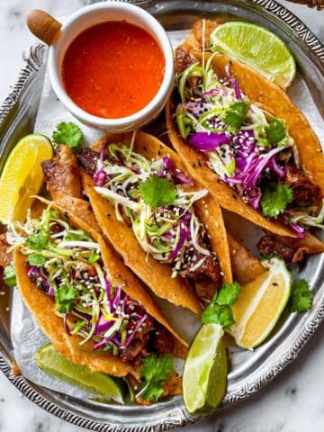 Chicken Wonton Tacos with Tangy Coleslaw and Crispy Wonton Shells Recipe