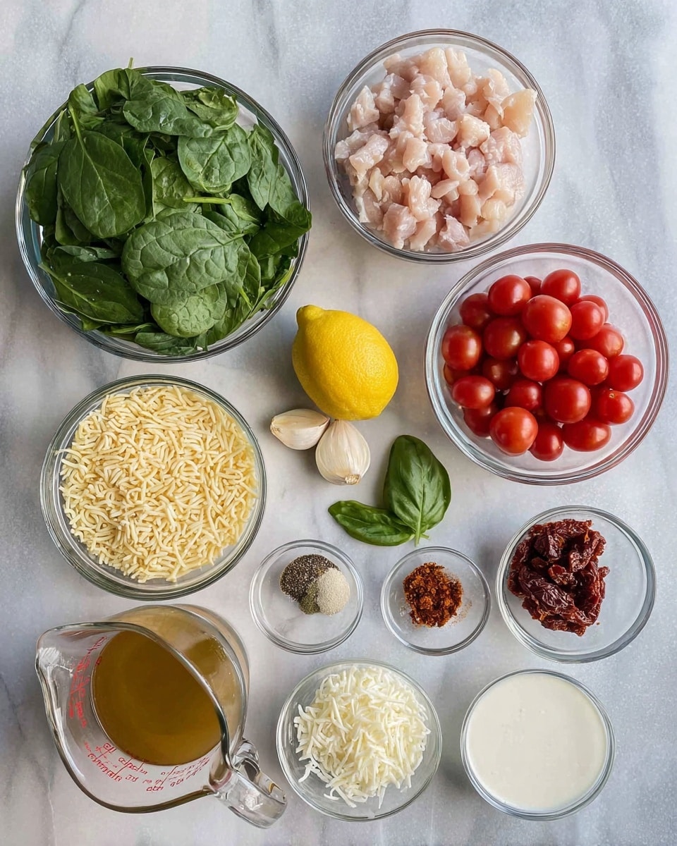 The image shows several clear glass bowls arranged on a white marbled surface, each holding different ingredients for cooking. There is one large bowl filled with fresh green spinach leaves, another large bowl with small pieces of raw light pink chicken, and a medium bowl full of small round red cherry tomatoes. In the middle, a medium bowl holds pale yellow orzo pasta, and next to it is a whole yellow lemon with two cloves of garlic and a few fresh green basil leaves arranged beside it. Smaller bowls contain white shredded cheese, a mix of powdered spices (black, white, red, and brown), dark red sun-dried tomatoes, a small amount of golden olive oil, and thick white sour cream or yogurt. A glass measuring cup with light brown broth or sauce is also present. The ingredients are neatly spread out, ready for cooking. Photo taken with an iphone --ar 4:5 --v 7