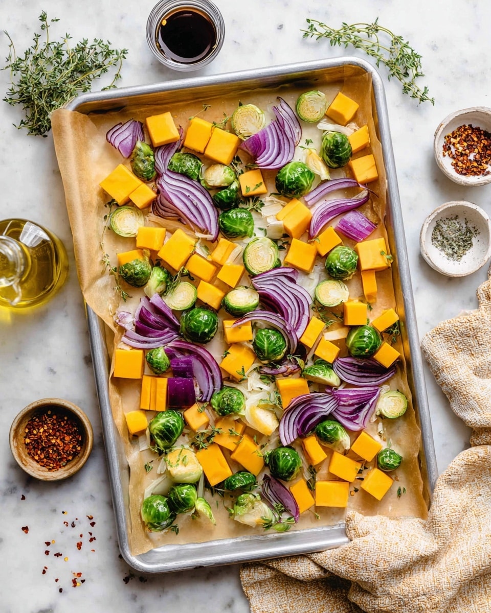 A silver baking tray lined with brown parchment paper holds a mix of fresh vegetables arranged in a loose spread. There are green Brussels sprouts, some split in half showing their layered texture, scattered across the tray. Orange cubes of what looks like butternut squash or cheddar cheese are mixed throughout. Bright purple rings and wedges of red onion are evenly placed on top, creating a nice color contrast against the green and orange. The tray is on a white marbled surface with small bowls of dried red chili flakes, fresh green thyme, and a jar of dark liquid nearby. There is also a clear glass bottle of oil and a folded textured beige cloth partially visible. The scene is bright and clean, with natural light enhancing the fresh colors of the ingredients. photo taken with an iphone --ar 4:5 --v 7