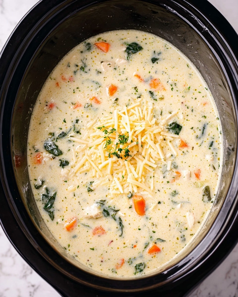A creamy white soup with a rich texture fills a black slow cooker pot. It has pieces of orange carrots, green leafy vegetables, and small bits of light-colored chicken spread evenly throughout. In the center on top, there is a small pile of shredded pale yellow cheese with little green herb sprinkles around it. The soup looks warm and thick, with visible small herbs mixed inside. The background is a white marbled texture. photo taken with an iphone --ar 4:5 --v 7