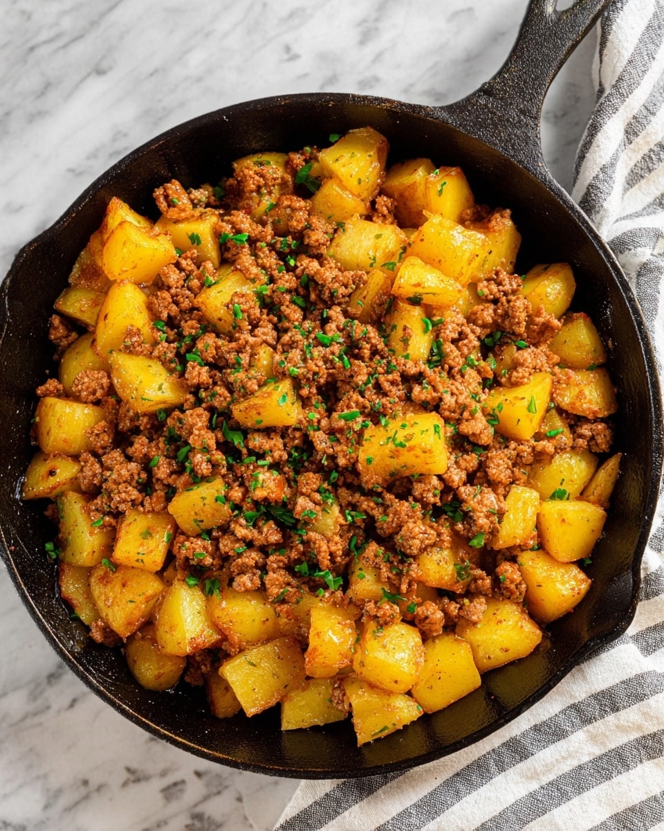 The image shows a black cast iron skillet filled with two layers of food. The bottom layer is golden-yellow potato chunks that look roasted and slightly crispy with some browning and juicy texture. On top of the potatoes is a layer of cooked ground meat, browned and crumbly in texture with a mix of small and medium pieces. The dish is sprinkled with finely chopped green herbs, adding fresh color contrast across the top. The skillet sits on a white marbled surface with a striped cloth partially under the handle. The lighting highlights the warm colors and textures of the dish. Photo taken with an iphone --ar 4:5 --v 7
