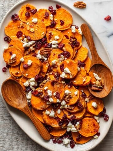 Roasted Sweet Potatoes with Goat Cheese, Cranberries, and Pecans Recipe