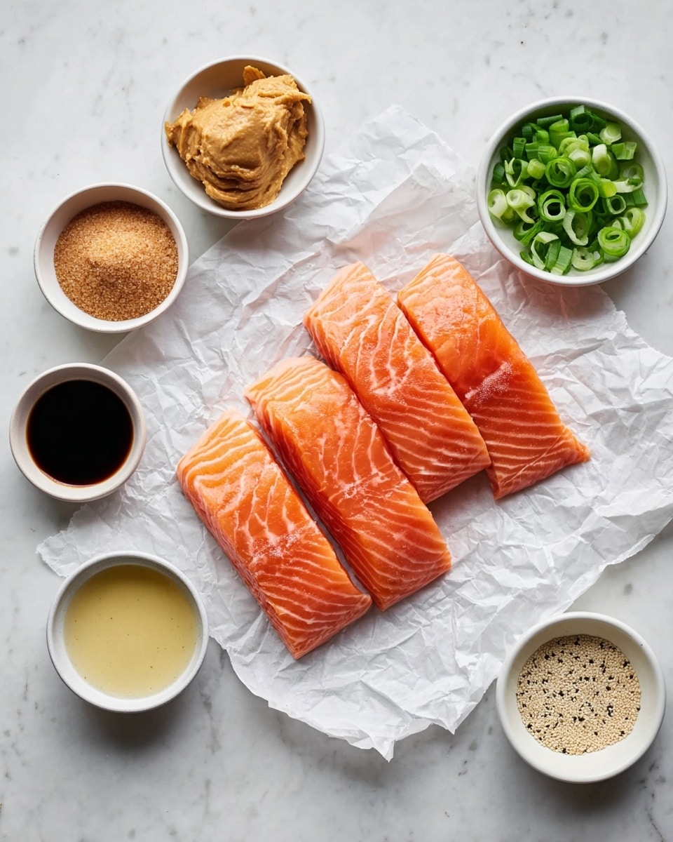 Four pieces of raw orange salmon fillets with white lines lie on a sheet of crumpled white parchment paper in the middle of a white marbled surface. Surrounding the salmon, there are eight small white bowls arranged loosely, each holding different ingredients: top left holds packed brown sugar, top center has mashed light yellow ginger, middle left contains a thick light brown paste, lower left has a dark brown liquid, below it is a small bowl of light yellow liquid, top right holds a pale beige powder, below it is a white liquid with black specks, and bottom right has sliced fresh green scallions. The scene is evenly lit and neat. photo taken with an iphone --ar 4:5 --v 7