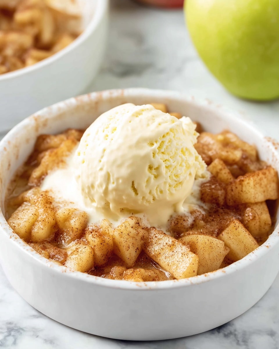 A round white dish holds a warm dessert made of small light brown apple chunks coated with cinnamon, filling the dish fully as the first layer. On top of the apple layer sits a single scoop of creamy pale yellow ice cream that is starting to melt, with a soft, smooth texture. The dessert is set on a white marbled surface, and a blurred green apple is visible in the background. photo taken with an iphone --ar 4:5 --v 7