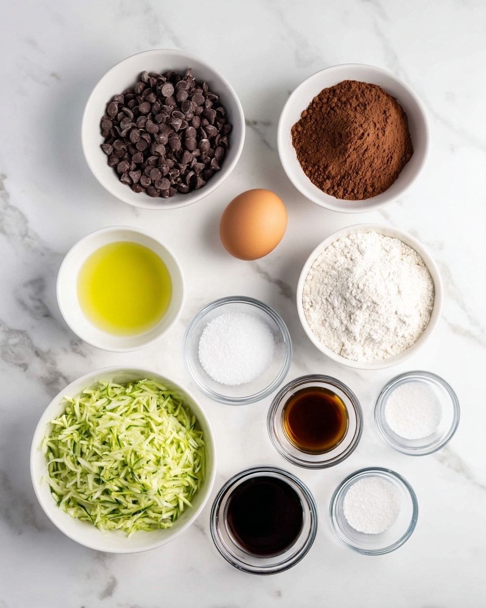 The image shows ten bowls and one egg arranged neatly on a white marbled surface. Starting from the top left, there is a white bowl filled with dark brown chocolate chips, next to it on the right is another white bowl filled with a powdery brown cocoa. Below the cocoa is a white bowl with a yellow liquid, likely oil. In the center, there is a clear small bowl with white powder, possibly baking powder. Below it, in the middle, stands a single brown egg. To the right of the egg is a clear small bowl with a dark brown liquid, likely vanilla extract. Below these, there are two clear small bowls side by side, one with salt and the other with baking soda or another white powder. At the bottom left, there is a white bowl filled with white granulated sugar, and next to it is another white bowl with a powdery flour mixture. On the left side near the middle is a white bowl filled with fresh shredded green zucchini. Photo taken with an iphone --ar 4:5 --v 7