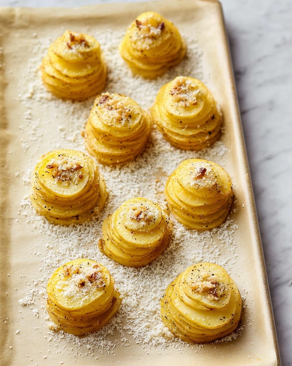 The image shows twelve small stacks of thin yellow potato slices arranged on a baking sheet lined with parchment paper. Each stack has about eight to ten slices layered neatly with a rounded top. The potato slices have a light seasoning of black pepper and tiny bits of what looks like finely chopped garlic sprinkled on top. Around the base of some stacks, there is a light dusting of grated white cheese. The baking sheet is on a surface with a white marbled texture. Photo taken with an iphone --ar 4:5 --v 7