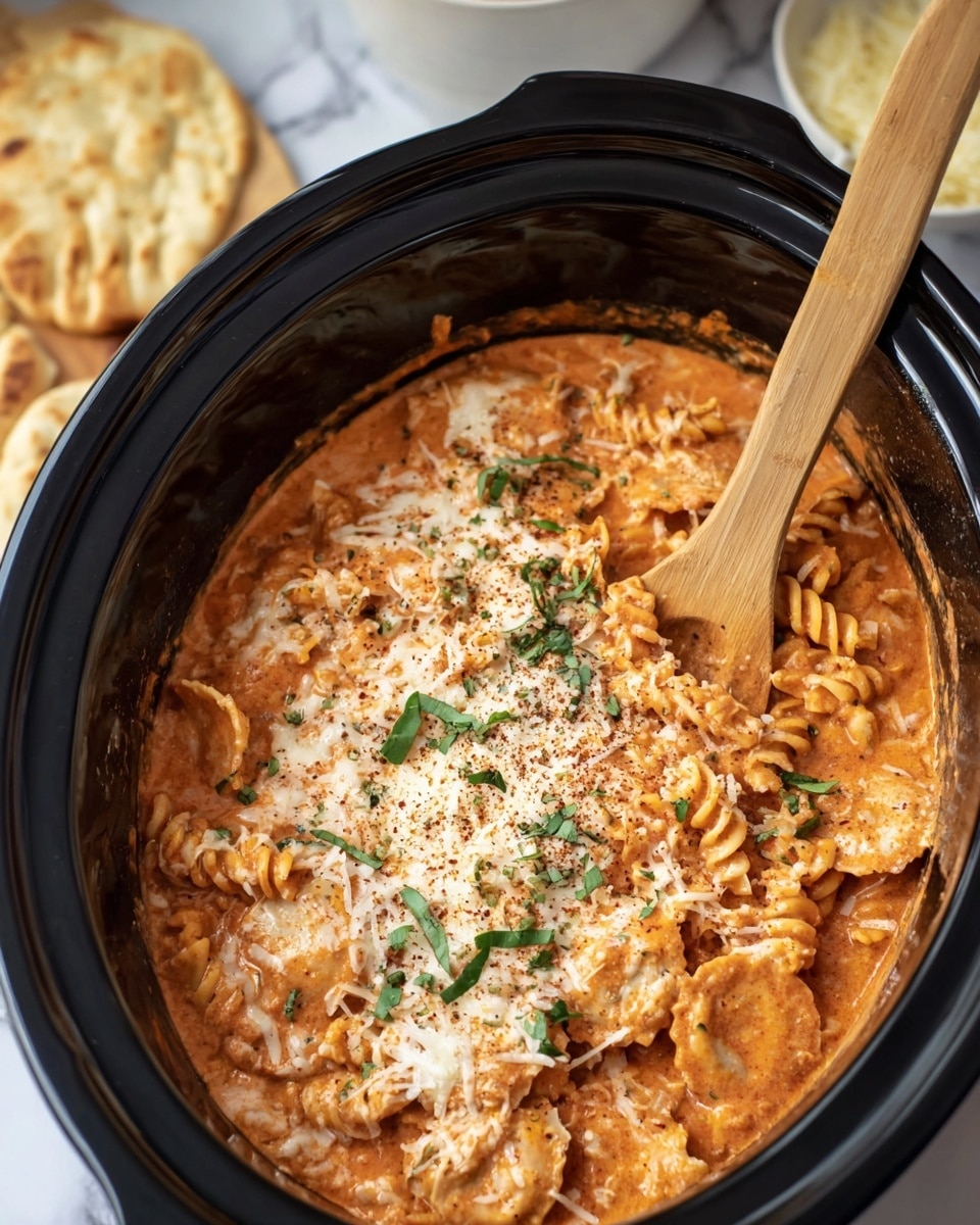 The image shows a black slow cooker filled with a creamy orange pasta dish made of rotini and ravioli pasta pieces mixed with a thick tomato-based sauce. The surface is sprinkled with small patches of grated white cheese and fresh green herbs, along with a light dusting of a fine brown spice. A wooden spoon handle sticks out from the pasta, resting inside the cooker. The background includes a piece of flatbread on a white marbled surface and a white bowl with a light yellow ingredient. photo taken with an iphone --ar 4:5 --v 7