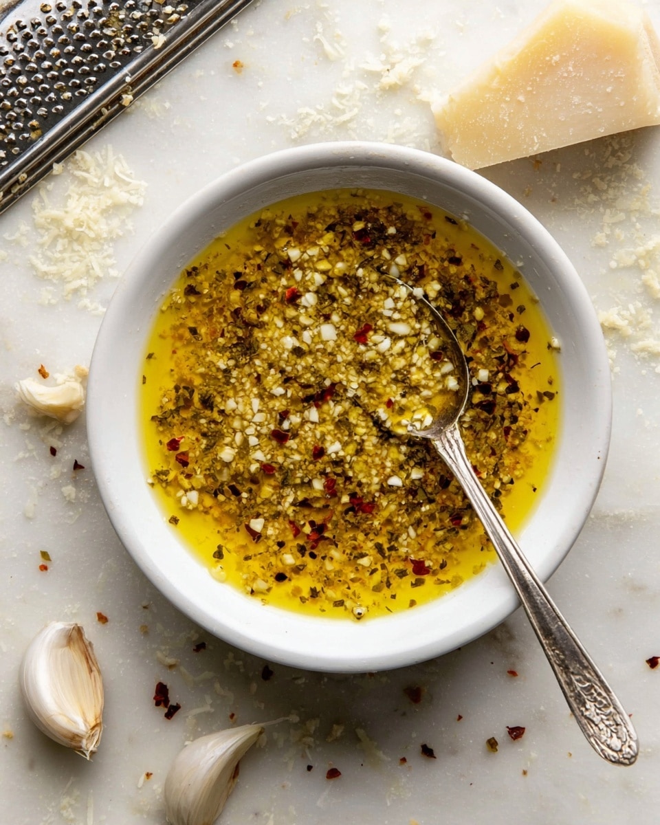 A white bowl filled with a mix of golden yellow olive oil, finely chopped garlic, and herbs that are speckled with small red chili flakes, creating a textured, slightly oily surface. A silver spoon sits in the bowl, partially submerged in the mixture, with the handle resting on the edge. Around the bowl on a white marbled surface, there are scattered coarse pieces of grated pale cheese, whole garlic cloves, and a metal grater in the top left corner, adding kitchen context to the scene. photo taken with an iphone --ar 4:5 --v 7