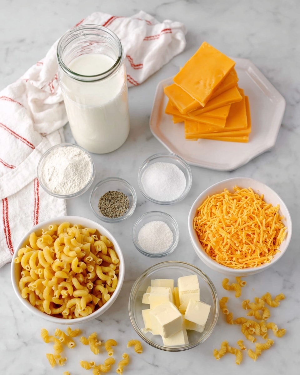 The image shows ingredients for a macaroni and cheese dish arranged on a white marbled surface. There are seven white bowls and a glass jar: one bowl contains yellow elbow macaroni pasta, another has bright orange shredded cheese, a third holds stacked slices of orange cheese on a white dish, and one small bowl contains three cubes of light yellow butter. Three small glass bowls hold white flour, black pepper, and salt. A clear glass jar filled with white milk stands near the top left, next to a white cloth with red stripes. Some loose pieces of macaroni are scattered around on the surface. Photo taken with an iphone --ar 4:5 --v 7