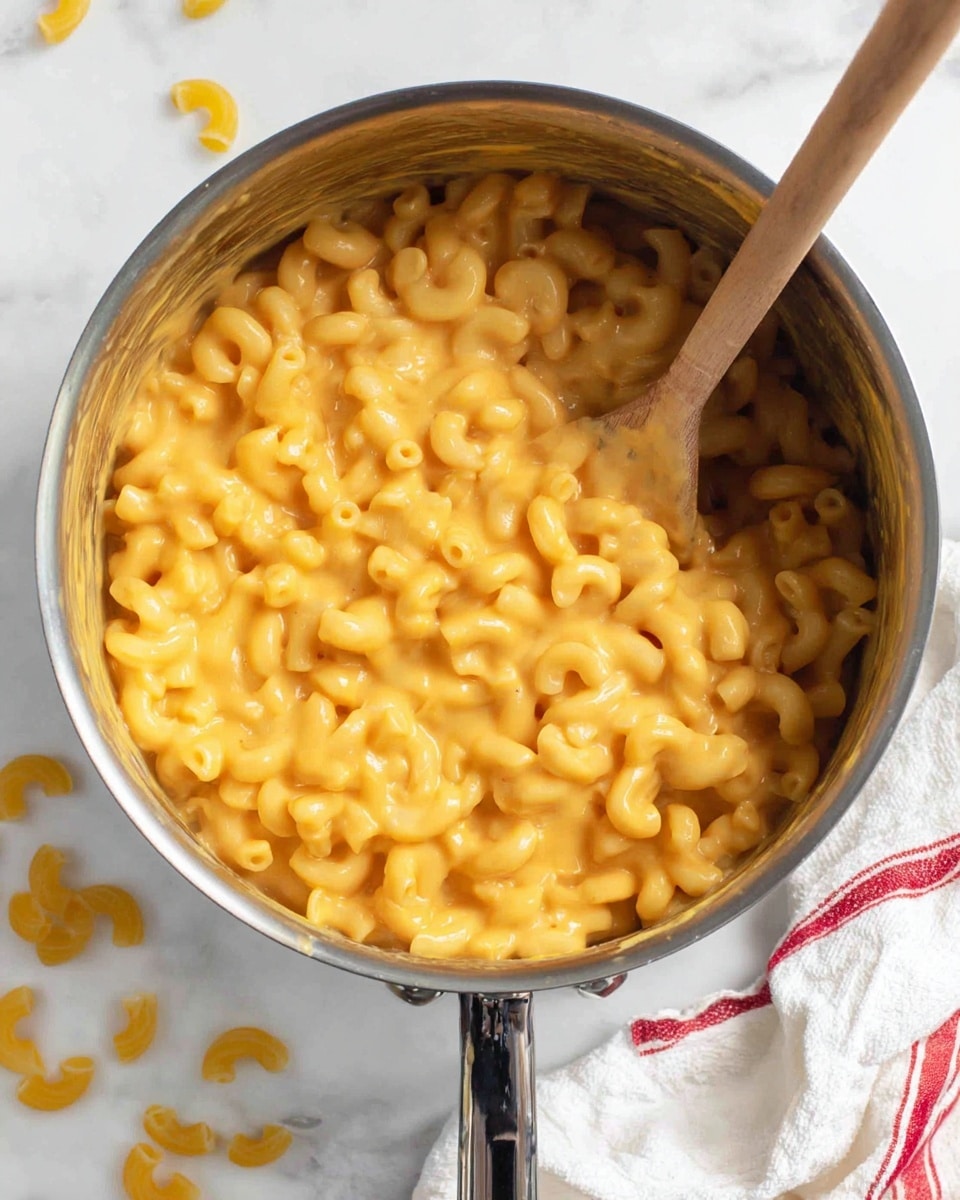 A shiny silver pot holds creamy macaroni and cheese with elbow pasta coated in smooth, bright orange cheese sauce. A wooden spoon is stuck inside the pot, showing some sauce on it. The pot rests on a white marbled surface scattered with a few dry elbow pasta pieces, and a white cloth with red stripes lies near the top right corner. The image looks warm and inviting with soft light highlighting the creamy texture of the dish photo taken with an iphone --ar 4:5 --v 7