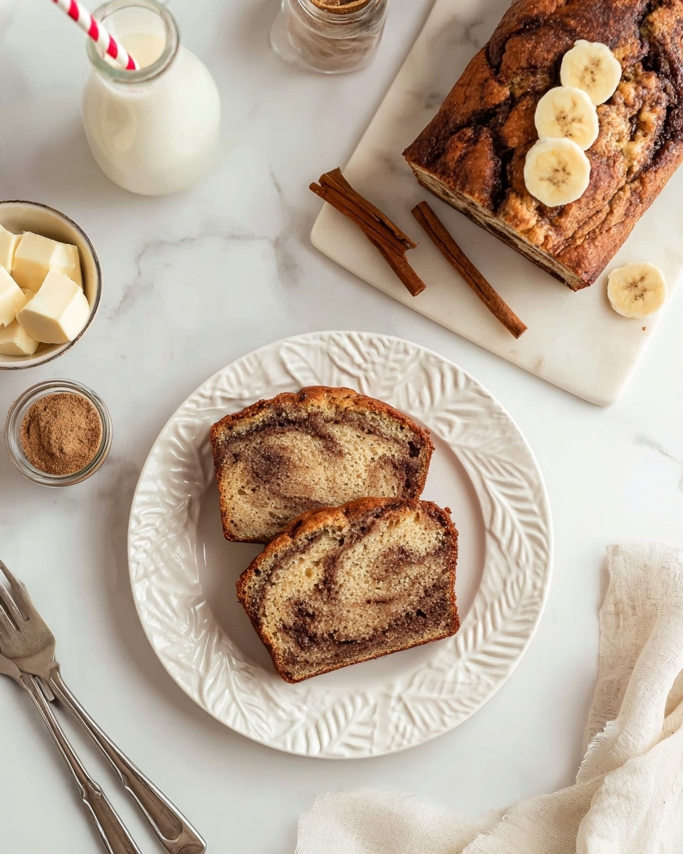 Two slices of cinnamon swirl banana bread sit on a white plate with a raised leaf pattern around the edge. The bread has a light brown color with dark brown swirled cinnamon layers inside. To the top right, a white marble board holds a larger loaf of the same bread with three banana chips on top. Nearby are three cinnamon sticks on the white marbled surface. To the left, there is a small glass bowl with butter cubes, a bottle of milk with a striped straw, and a small container of cinnamon sugar. Two silver forks lay crossed near the bottom left corner. The whole scene is set on a white marbled surface with soft natural light. photo taken with an iphone --ar 4:5 --v 7