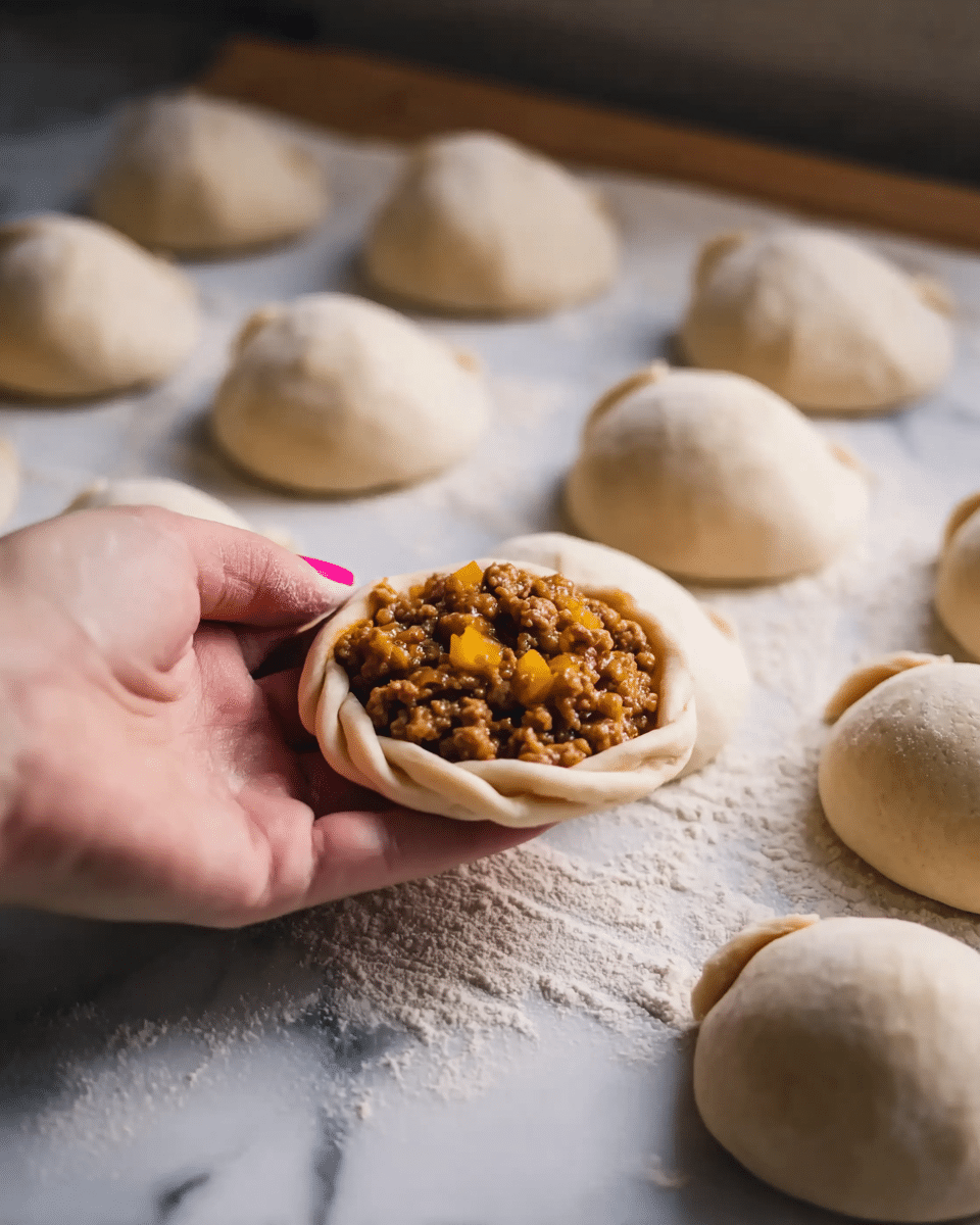 A woman's hand with pink nail polish holds a round, flat dough circle filled with cooked minced meat mixed with small yellow vegetable pieces, positioned at the lower left in the image. The dough is light beige and soft-looking. On a floured surface, there are multiple dough rounds folded and sealed into half-sphere shapes, arranged slightly blurred in the background on a white marbled texture. The scene shows the process of making stuffed dough pockets, with a warm natural light giving a cozy feeling. photo taken with an iphone --ar 4:5 --v 7