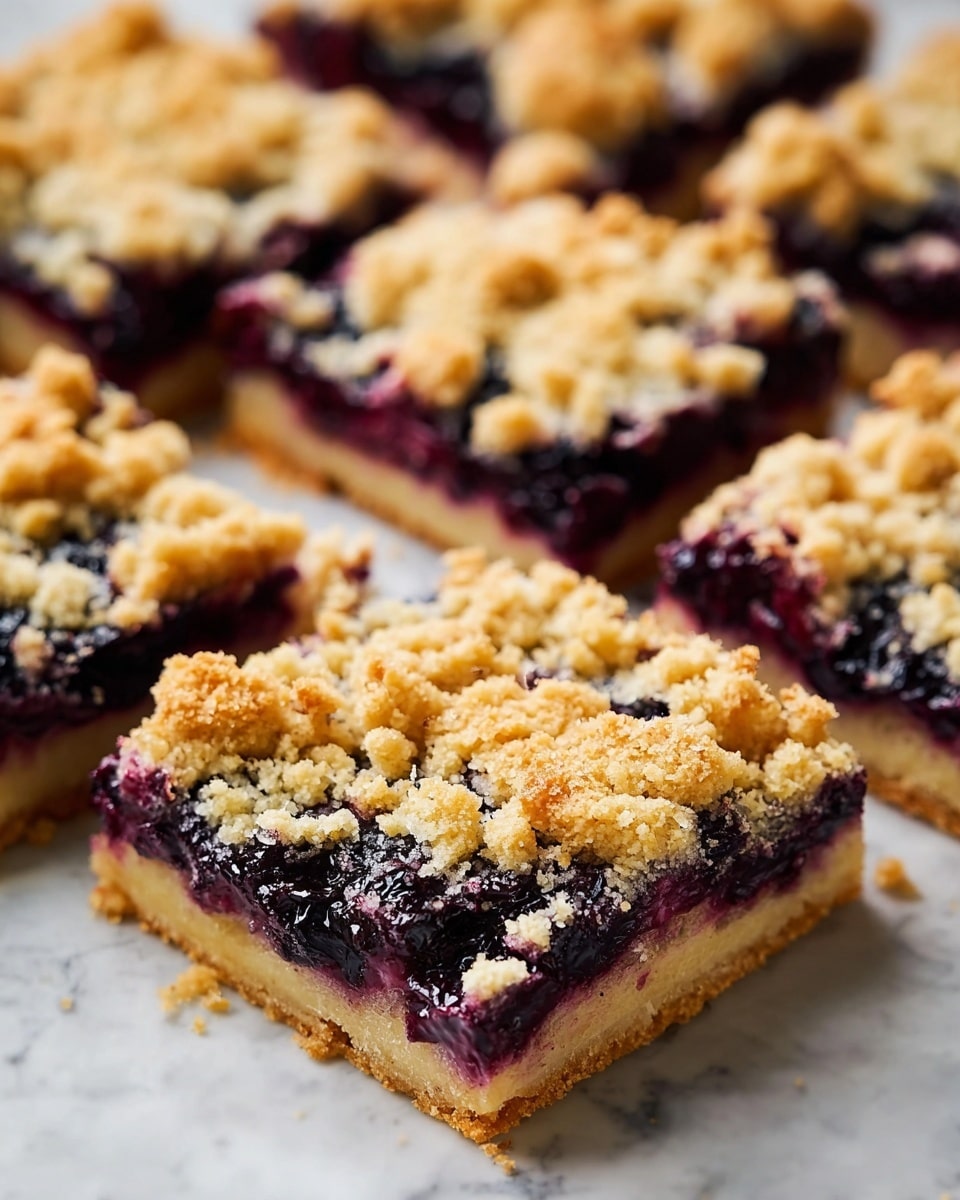 This image shows several square blueberry crumble bars arranged closely on a white marbled surface. Each bar has three visible layers: a thick, light golden crust at the bottom; a middle layer with dark purple, juicy blueberry filling that looks rich and slightly glossy; and a crumbly, golden-brown streusel topping with uneven, rough chunks scattered on top. The bars are cut evenly, showcasing the contrast between the smooth crust, the soft berry layer, and the crunchy topping. Photo taken with an iphone --ar 4:5 --v 7