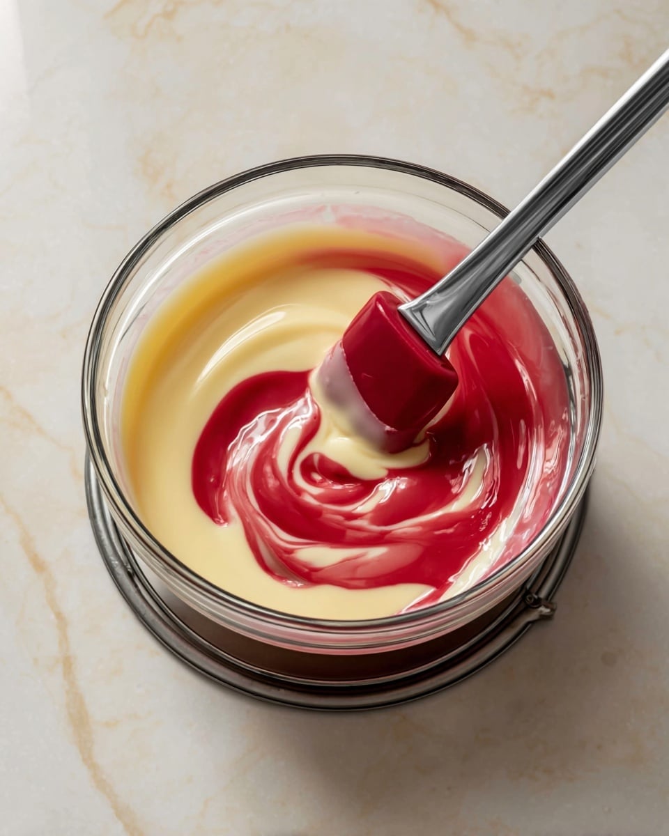 A clear glass bowl sits on a small metal stand with a white marbled surface underneath. Inside the bowl, there are two layers of creamy substances: a smooth pale yellow layer at the bottom and a bright red layer partially spread on top, creating a swirling pattern where the two colors mix. A silver spatula with a bright red rubber head is stirring the mixture, blending the colors together in the center of the bowl. The lighting highlights the shiny texture of the spatula and the smoothness of the creamy layers. photo taken with an iphone --ar 4:5 --v 7
