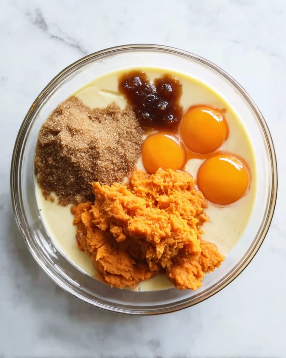 A clear glass bowl sits on a white marbled surface, filled with separate ingredients arranged in layers and sections. There is a light creamy liquid forming the base layer, covering the entire bottom of the bowl. On the top left side, there is a mound of brown sugar with a coarse, grainy texture. Next to it is a cluster of dark syrup, thick and glossy, sitting under the brown sugar. On the right side, there are six bright orange egg yolks grouped together in pairs and singles with smooth, shiny surfaces. Below the yolks and slightly towards the center is a large pile of mashed orange sweet potato, textured and soft, covering part of the creamy liquid. photo taken with an iphone --ar 4:5 --v 7