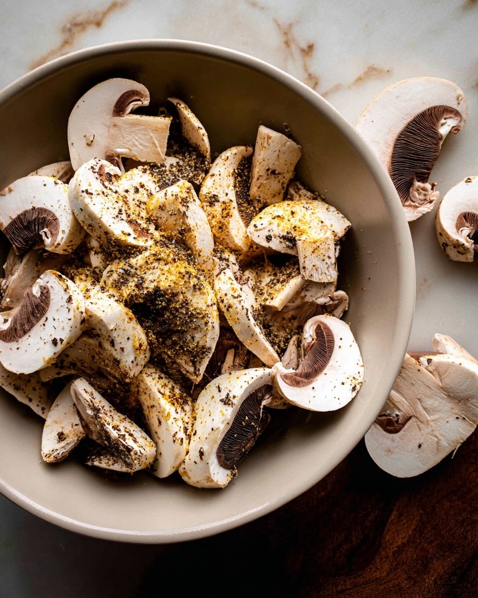 The image shows a close-up of a bowl filled with slices of white and brown mushrooms seasoned with a light sprinkling of black pepper and a yellowish powder. The mushrooms have a soft texture with some pieces showing dark, spongy undersides. The bowl is white and round, placed on a white marbled surface with a few mushroom slices scattered beside it. The lighting is warm, highlighting the details and colors of the mushrooms and seasoning. Photo taken with an iphone --ar 4:5 --v 7