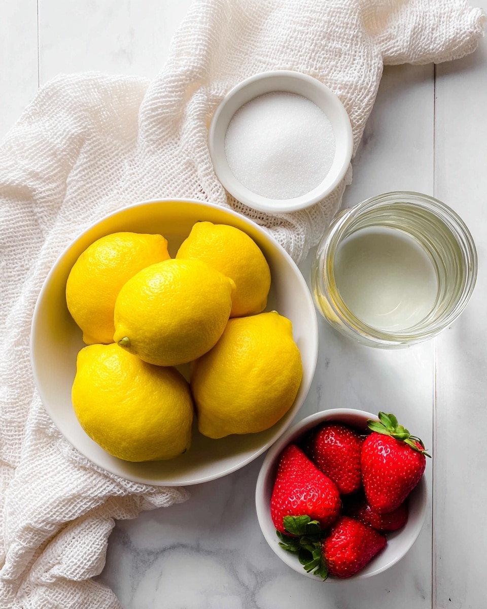 A white bowl filled with six bright yellow lemons sits in the center on a white marbled surface. Above it to the left is a small white bowl full of white sugar. Below the lemons, there is a smaller white bowl containing four large red strawberries with green tops. On the right side, a clear glass jar filled with clear liquid is placed. A white textured cloth is casually spread around the bowls and jar, creating a soft and fresh look. photo taken with an iphone --ar 4:5 --v 7
