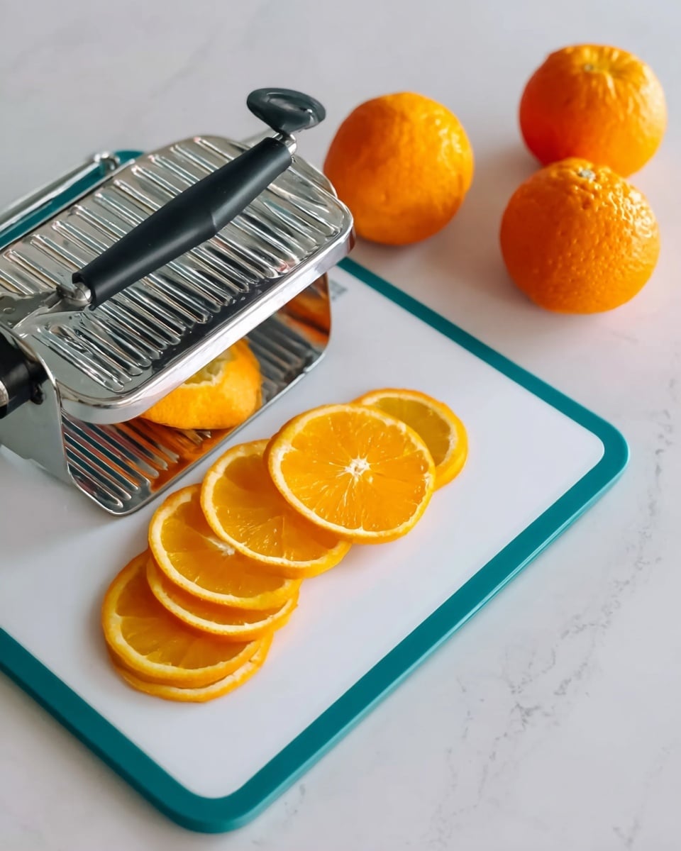 A silver vegetable slicer with a black handle is placed on a white plastic cutting board with teal corners, resting on a white marbled surface. On the left side of the slicer, there is an orange being sliced, with several bright orange, thin round slices arranged in a curved line below the slicer. On the right side of the cutting board, two whole oranges with textured skin sit near the top edge. The light is soft, creating slight reflections on the metal slicer and highlighting the fresh, juicy texture of the orange slices photo taken with an iphone --ar 4:5 --v 7