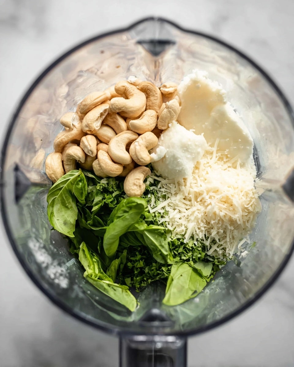 Inside a clear blender, there are three main layers of ingredients. At the bottom, a small pile of bright green fresh basil and parsley leaves with a soft and leafy texture rests. Above and to the side, creamy white garlic cloves and finely grated light yellow cheese form the second layer. The top layer holds a handful of smooth, light brown cashew nuts. The whole blender is set on a white marbled surface. Photo taken with an iphone --ar 4:5 --v 7