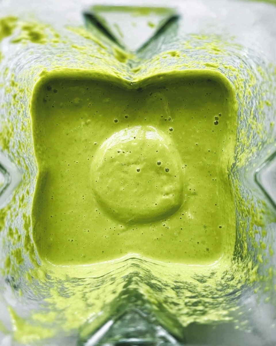 A close-up top view of a blender container filled with bright green sauce or dressing, smooth and creamy in texture, showing some small air bubbles and tiny bits, with residue of the mixture on the sides of the clear blender walls, all placed on a white marbled surface photo taken with an iphone --ar 4:5 --v 7
