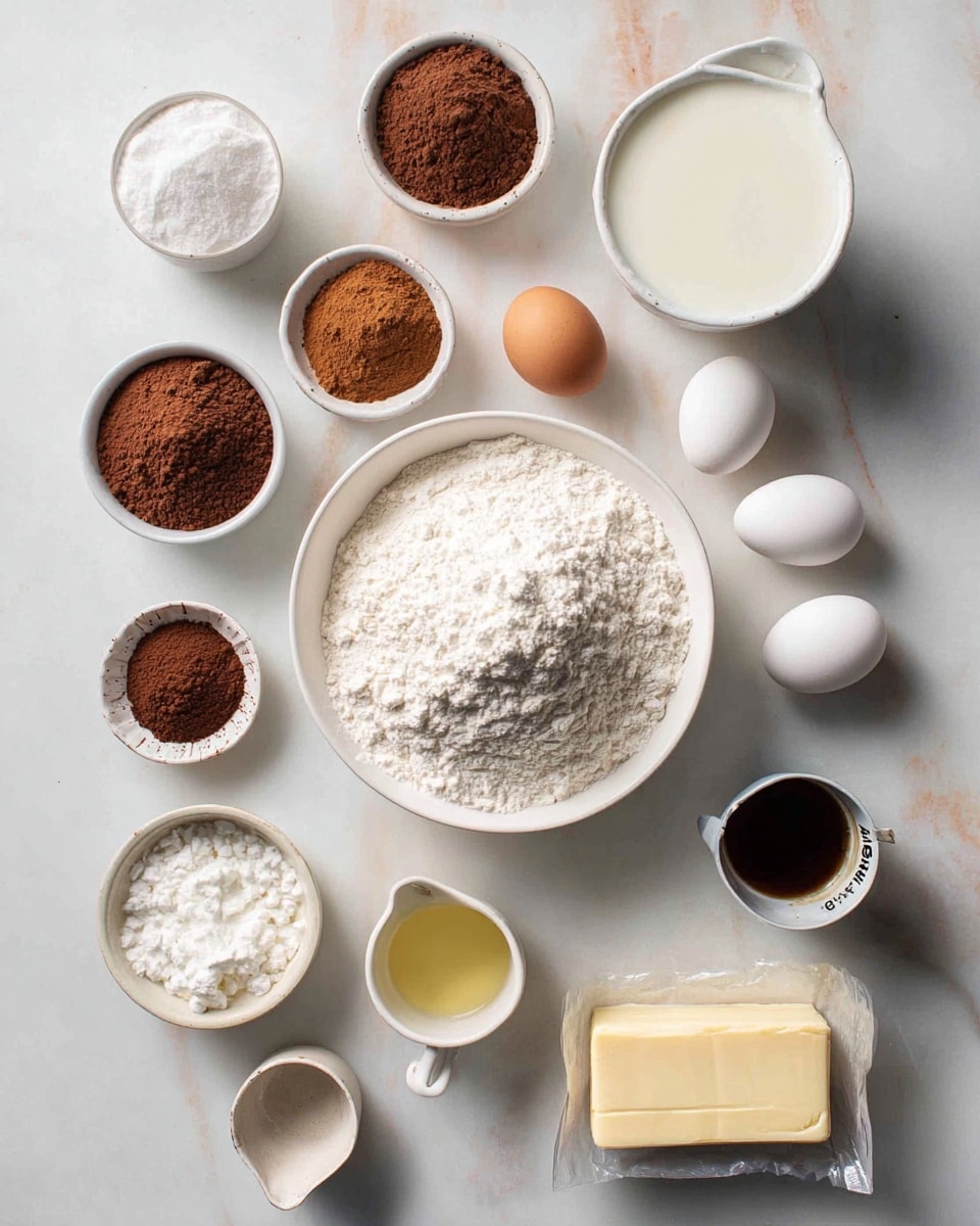 The image shows several bowls and containers of baking ingredients arranged neatly on a white marbled surface. In the center, there is a white bowl filled with a large pile of white flour. Around it, there are small white bowls with brown sugar, cocoa powder, baking powder, and coffee grounds. Two white eggs are placed next to a measuring cup with some milk and a white cup filled with thick cream or sour cream. There is a small white cup with a dark liquid, likely vanilla extract, and a white measuring cup with a light yellow liquid, probably oil. In the middle bottom, there is a wrapped bar of butter with blue text. The arrangement is clean and bright with soft natural lighting. Photo taken with an iphone --ar 4:5 --v 7