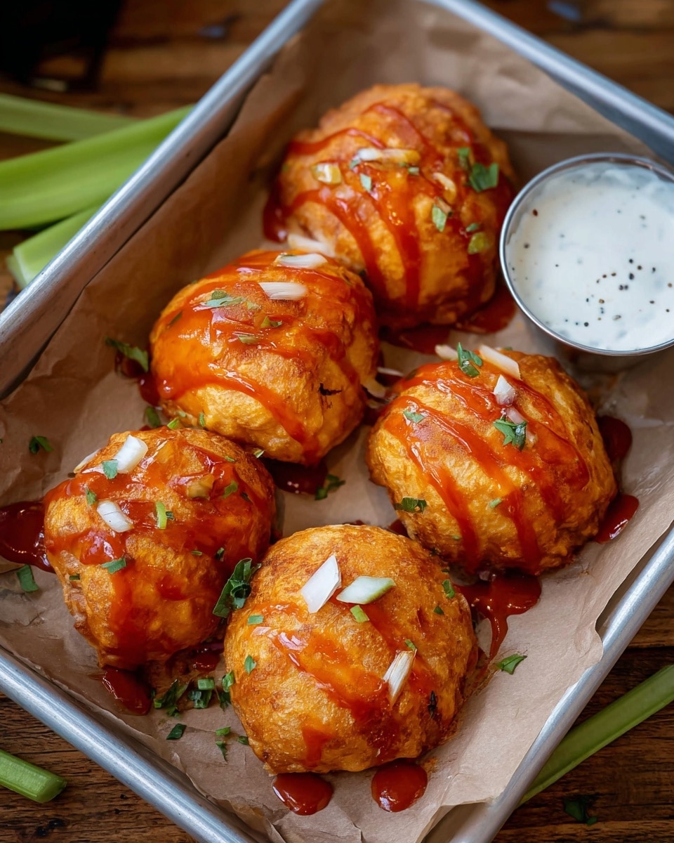 The image shows a metal tray lined with brown paper holding five round, golden-orange fried puffs, each drizzled with bright red sauce and sprinkled with small bits of green herbs and white onion slices. In the top right corner of the tray, there is a small bowl filled with a creamy white dipping sauce with black specks. The tray is placed on a wooden table, and there are parts of green celery sticks visible on the sides. The colors are warm and inviting, with the shiny sauce contrasting against the textured fried surface of the puffs. photo taken with an iphone --ar 4:5 --v 7
