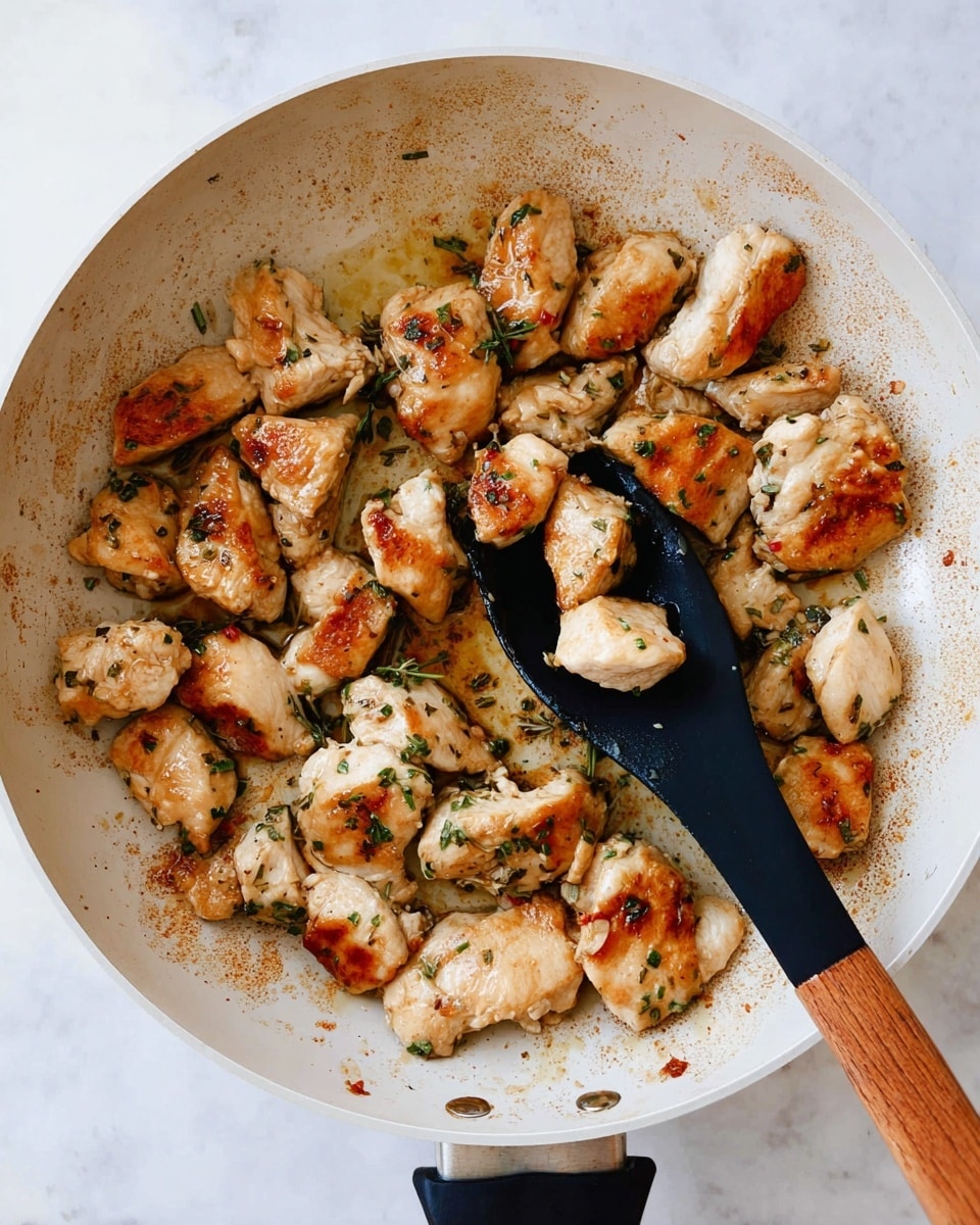 The image shows a white pan with cooked small pieces of golden brown chicken scattered inside. The chicken pieces have light browned edges and some visible green herbs on them, giving a textured look. A black spoon with a wooden handle is resting inside the pan, holding two pieces of chicken. The pan surface has brown cooked marks and some oil stains around the chicken. The background is a white marbled surface. photo taken with an iphone --ar 4:5 --v 7