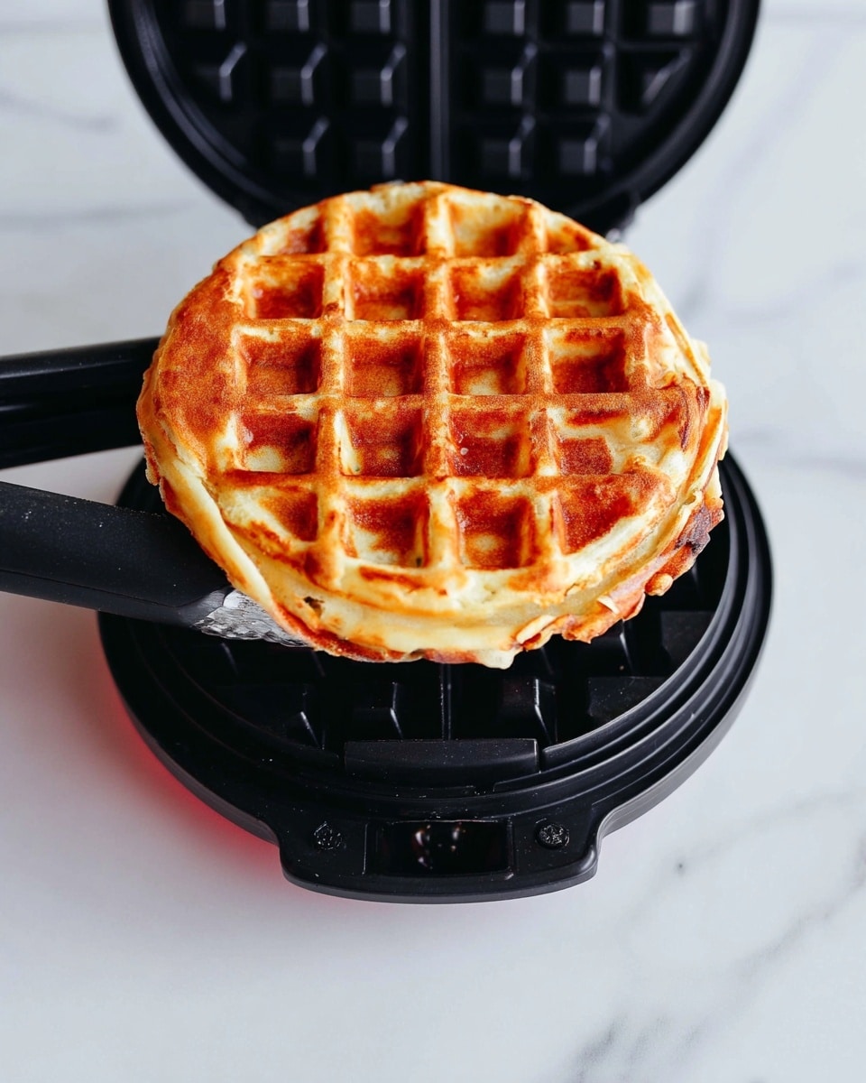 A golden brown waffle with a crisp texture is shown being held by black tongs above a black waffle maker with a grid pattern, all set on a white marbled surface. The waffle has a slightly uneven, homemade look with some darker toasted spots, and the waffle maker is open revealing the bottom grill plate. photo taken with an iphone --ar 4:5 --v 7