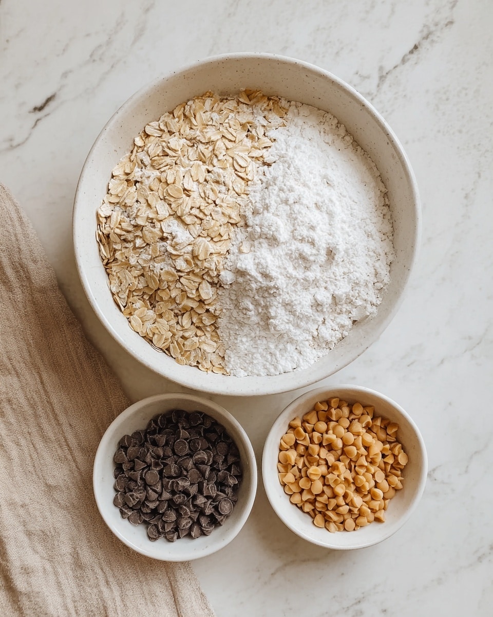 A large white bowl holds two dry ingredients side by side: pale beige rolled oats on the upper half and fine white flour on the lower half. Below this bowl, two small white bowls sit side by side, the left one filled with small dark brown chocolate chips, and the right one filled with light caramel-colored chips. The bowls rest on a white marbled surface with a soft beige cloth peeking in from the left edge. Photo taken with an iphone --ar 4:5 --v 7