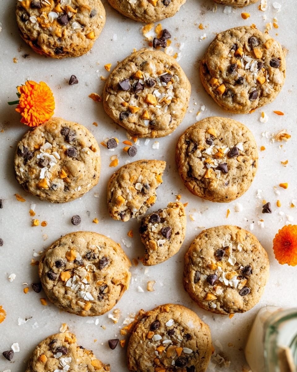 A group of round cookies with a light golden brown color, each topped with scattered orange and dark brown chips, is spread over a white marbled surface. Some cookies have coarse white flakes sprinkled on top. One cookie in the center is broken into two pieces showing a soft, textured inside. Around the cookies are a few small, bright orange flowers and an out-of-focus glass bottle with a metal cap on the right side. The overall look is warm and inviting with a rustic feel. photo taken with an iphone --ar 4:5 --v 7