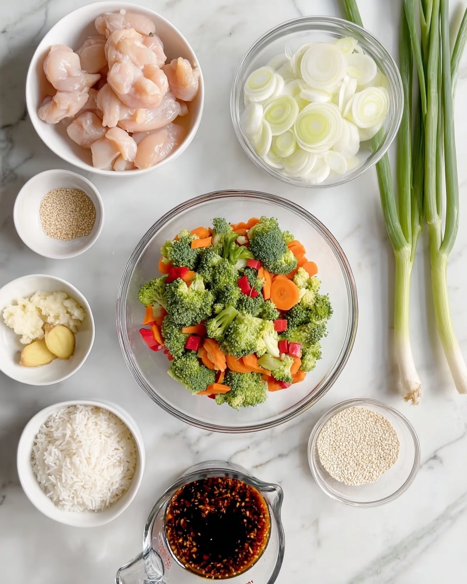 The image shows an arrangement of cooking ingredients on a white marbled surface. In the middle, there is a clear glass bowl with mixed frozen vegetables, including green broccoli, bright orange carrots, and small red pepper pieces. Around it, there are several small white bowls: at the bottom left, a bowl with raw light pink chicken pieces; at the bottom right, a bowl with white uncooked rice; near the top center, a bowl with semi-circular slices of white onion; a small bowl with chopped garlic, and another with grated ginger. There is also a clear glass measuring cup with a dark sauce mixed with seeds, a small bowl of white sesame seeds, a small bowl of light liquid, and some long green onions placed on the right side. The overall setup is clean and bright, with ingredients neatly separated. photo taken with an iphone --ar 4:5 --v 7