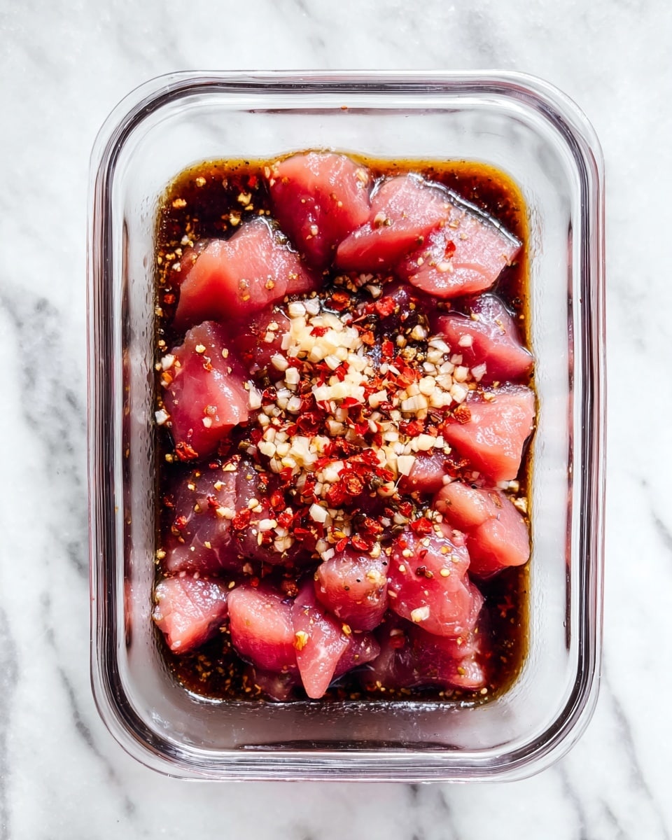 A clear rectangular glass container holds many pieces of pale pink raw meat cut into small chunks, covered unevenly by a dark brown sauce pooling around the meat. On top of the meat and sauce is a small pile of finely chopped garlic and red chili flakes adding texture and color contrast. The container is placed on a white marbled surface that has soft grey veins running through it. The scene is brightly lit, showing the glossy sheen on the meat and the sauce. photo taken with an iphone --ar 4:5 --v 7