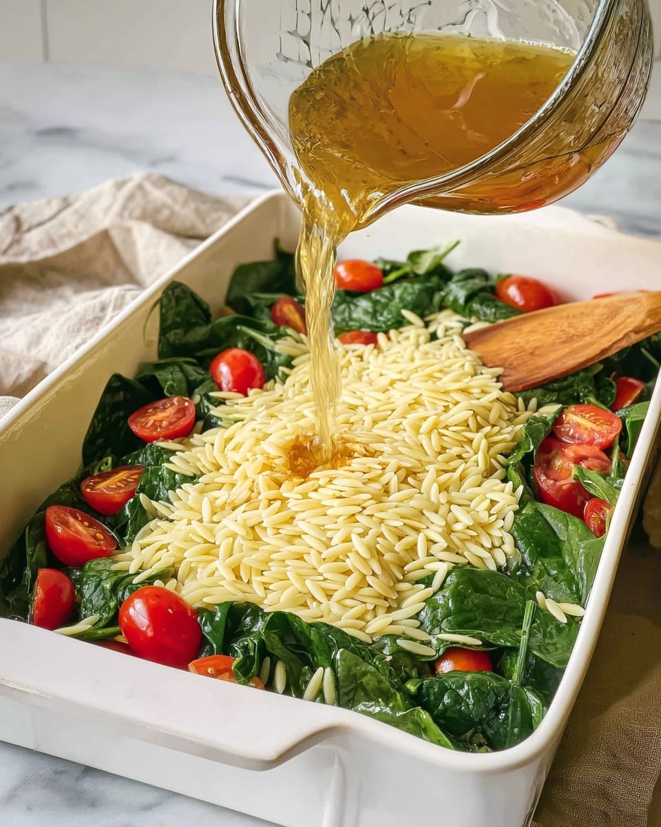 A white rectangular dish holds a layered mixture with the bottom layer of fresh dark green spinach leaves scattered unevenly, dotted with bright red cherry tomatoes peeking through. On top of the spinach and tomatoes, there is a thick layer of uncooked orzo pasta in pale yellow color spread across the dish. A clear glass measuring cup is tilted above the dish, pouring a light brown broth over the layers. A wooden spoon rests on the right edge of the dish. The dish is placed on a white marbled surface with a beige cloth in the background. Photo taken with an iphone --ar 4:5 --v 7