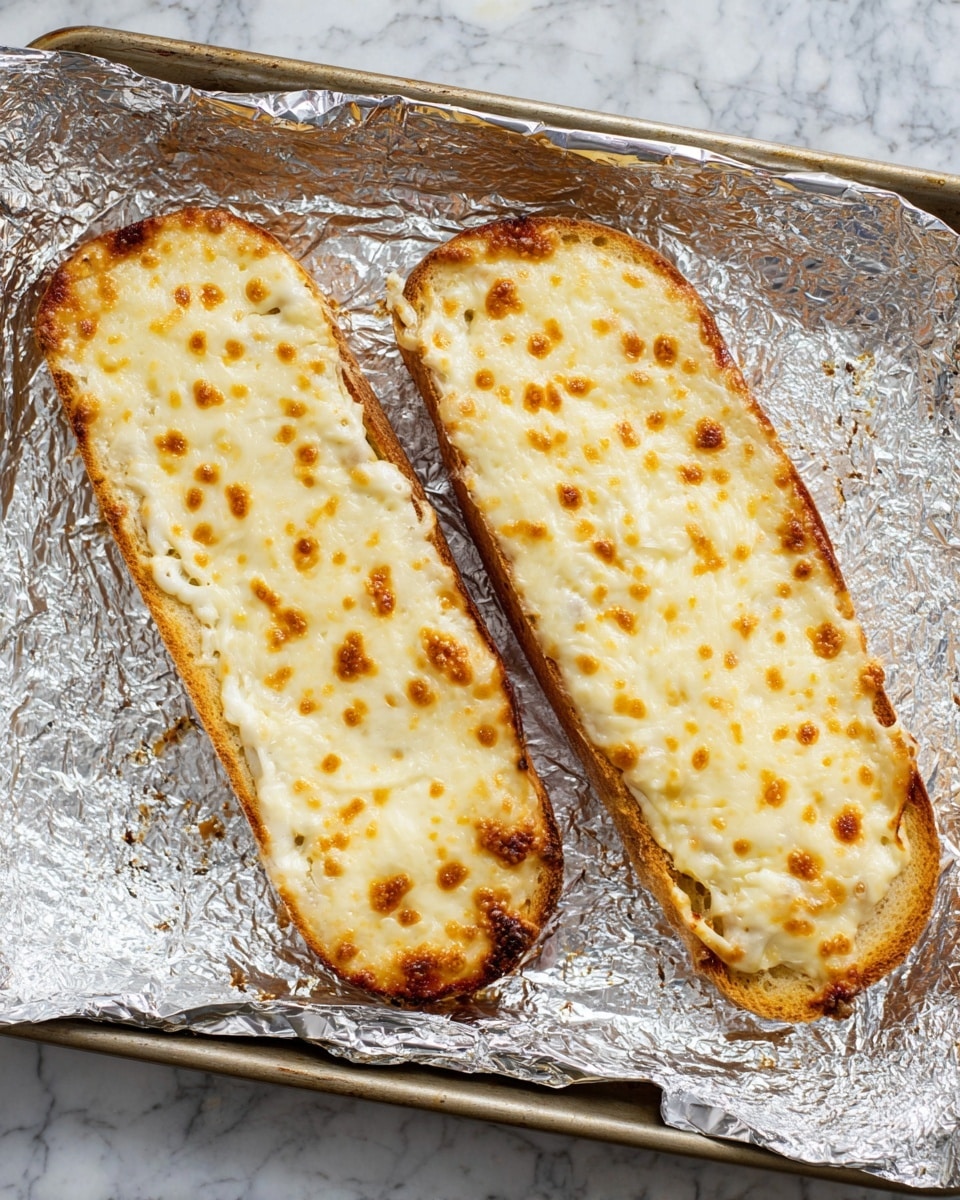 The image shows two long slices of toasted bread placed side by side on a sheet of crinkled aluminum foil. Each slice is covered with a thick, even layer of melted, golden-brown cheese that has small browned spots indicating it was baked or broiled. The toasted bread edges are slightly darker and crispy. The setup is on a baking tray, all resting on a white marbled surface. Photo taken with an iphone --ar 4:5 --v 7
