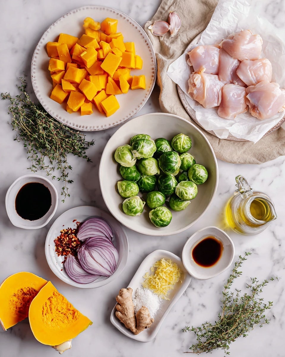 A top-down view of various fresh ingredients arranged on a white marbled surface, including a white bowl in the center filled with halved green Brussels sprouts, a white plate next to it with bright orange cubed butternut squash sitting on a beige cloth, and a white plate with several raw, pale pink chicken thighs lined with parchment paper on the upper right. Around these main items, there is a piece of halved butternut squash on the bottom left, a white rectangular dish holding sliced red onions, grated ginger, and a piece of fresh ginger root, a small white dish with red chili flakes, a small bottle with golden oil, a small glass jug with dark soy sauce, and fresh thyme sprigs on the right side. The colors are natural and fresh while the textures include smooth, glossy liquids and rougher vegetable skins. photo taken with an iphone --ar 4:5 --v 7