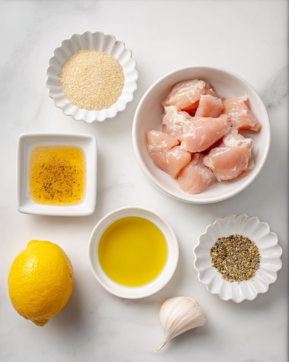 The image shows six small white dishes and one lemon arranged on a white marbled surface. In the center, there is a white bowl filled with light pink raw chicken pieces. Around it, starting from the top left, there is a white scalloped dish with light beige granules, a white square dish with golden honey, a white scalloped dish with yellow and black powdered seasoning, a white round dish with yellow oil, and a white scalloped dish holding one garlic clove. A whole bright yellow lemon is placed on the left side near the dishes. The lighting is bright and even, highlighting the texture and color of each ingredient, photo taken with an iphone --ar 4:5 --v 7
