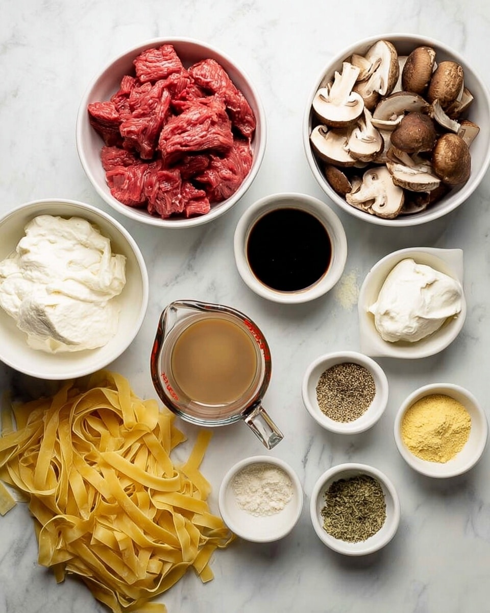 The image shows several white bowls and a clear measuring cup placed on a white marbled surface. One bowl has raw red meat pieces, another has sliced brown mushrooms, a small bowl holds a thick white cream, and another contains dark soy sauce. The clear measuring cup is filled with a light brown liquid. Nearby, there is uncooked flat yellow pasta noodles arranged in a pile. Two small white bowls contain white powder and mixed spices in green, white, and yellow colors. There is also a small bowl with a yellow paste. All items are neatly arranged for a cooking presentation photo taken with an iphone --ar 4:5 --v 7